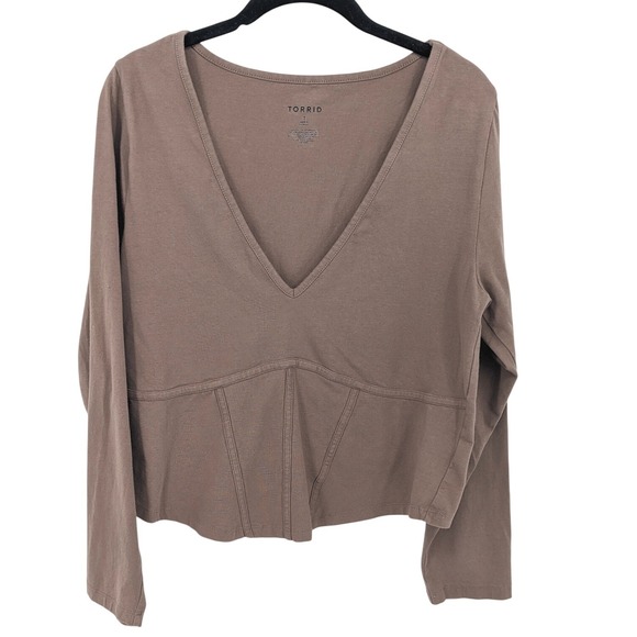 torrid Tops - Torrid Long Sleeve Corset Top Womens Plus 1X Brown Cropped V Neck Casual Stretch
